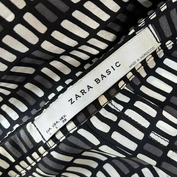 Zara Black Grey & Ivory Geometric Print Pure Silk Boat-Neck Blouse - US L - Picture 10 of 10
